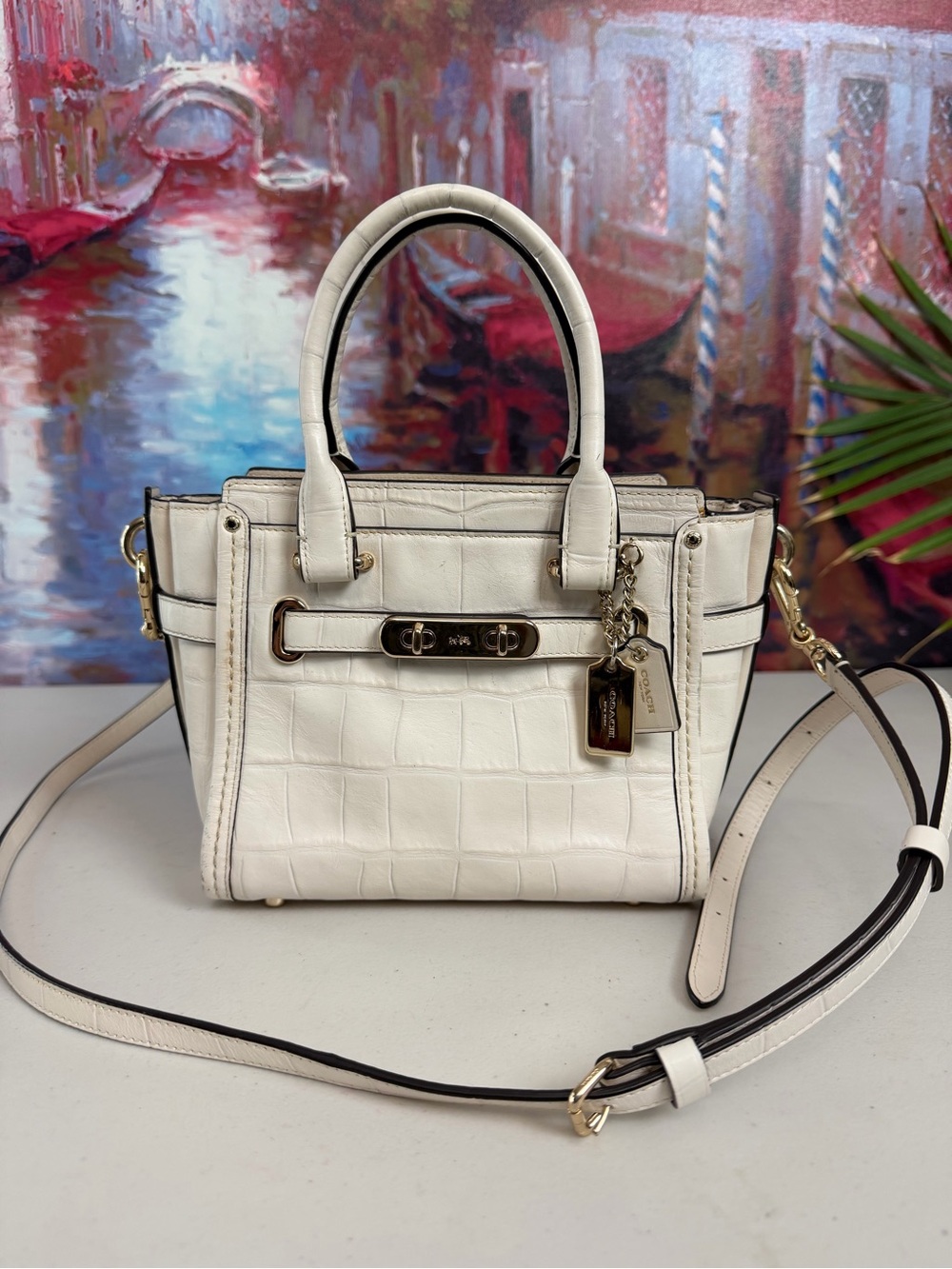 Coach Swagger 21 37997 Chalk Croc Embossed Leather Crossbody Satchel